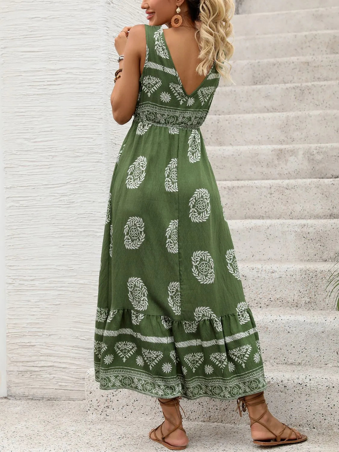 Printed V-Neck Sleeveless Dress -