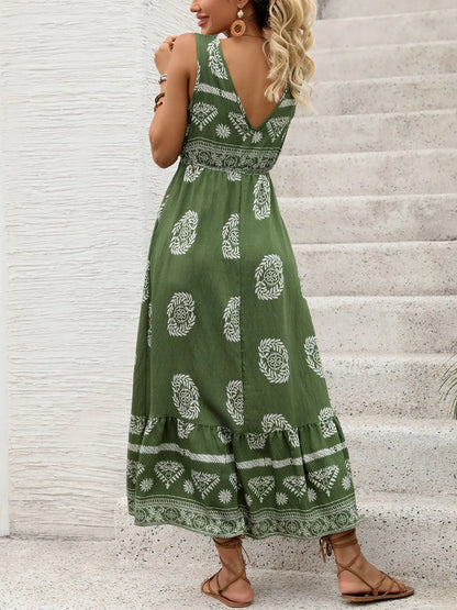 Printed V-Neck Sleeveless Dress -