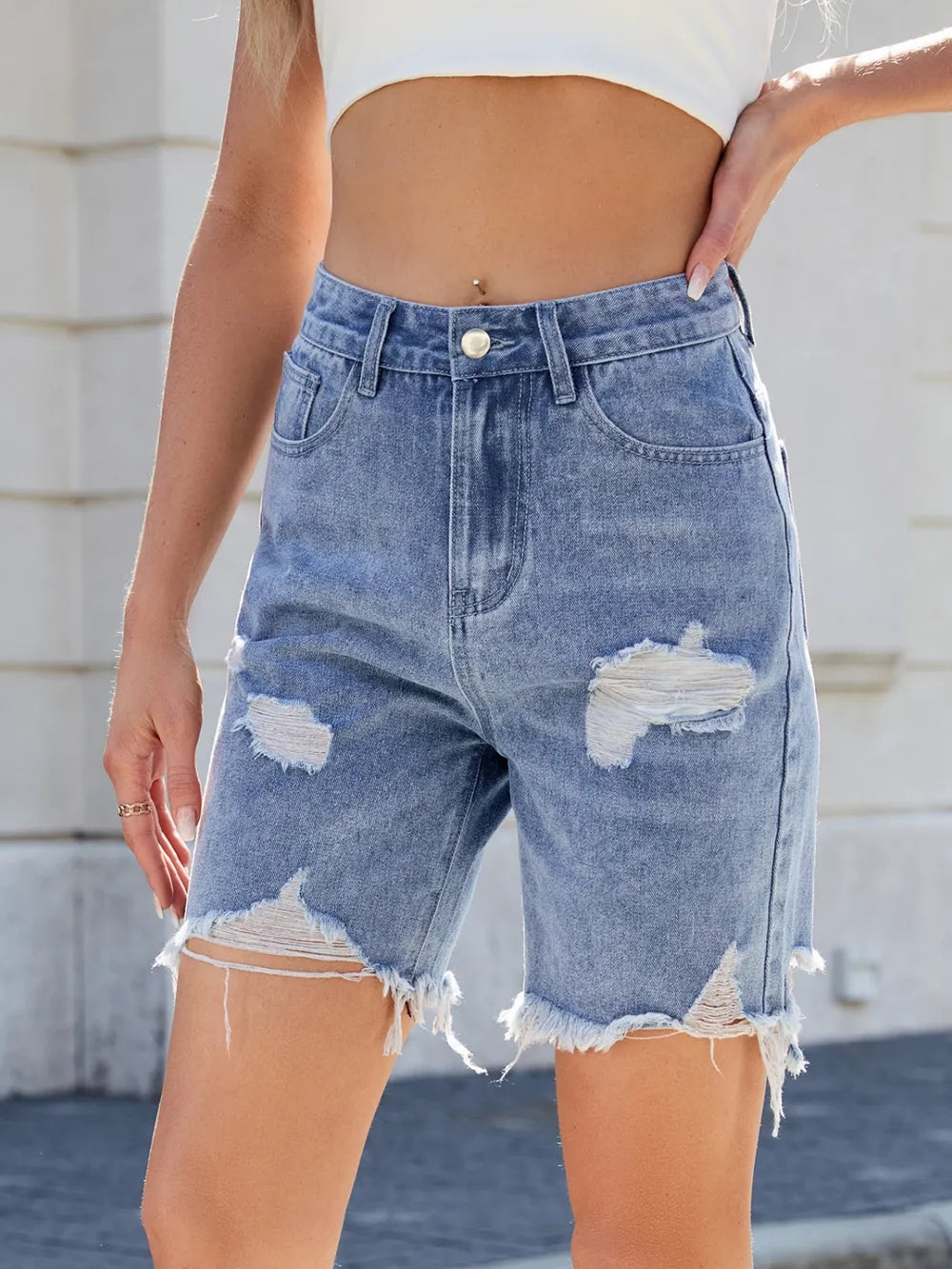 Distressed Raw Hem Denim Shorts -