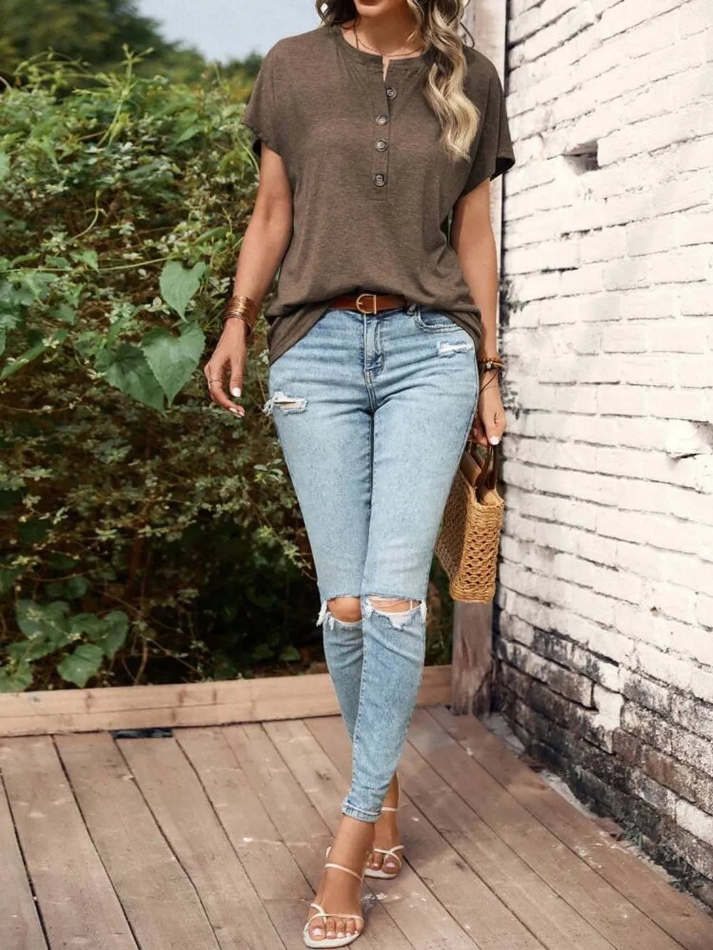 Half Button Short Sleeve Top -