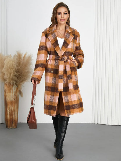 Tied Plaid Collared Neck Coat - Watermelon Pink