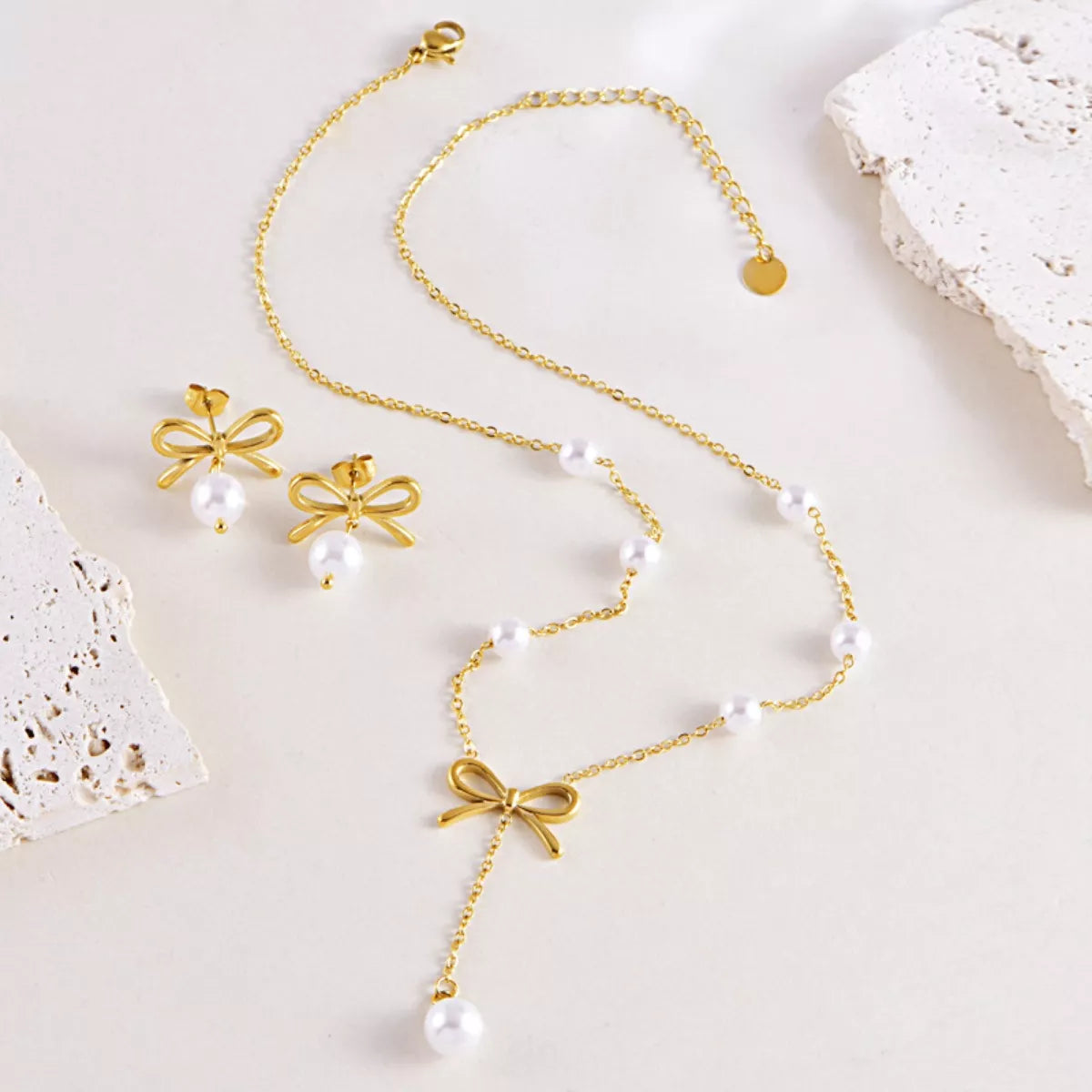 Bowknot Pearl Jewelry Set - Gold One Size