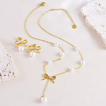 Bowknot Pearl Jewelry Set - Gold One Size