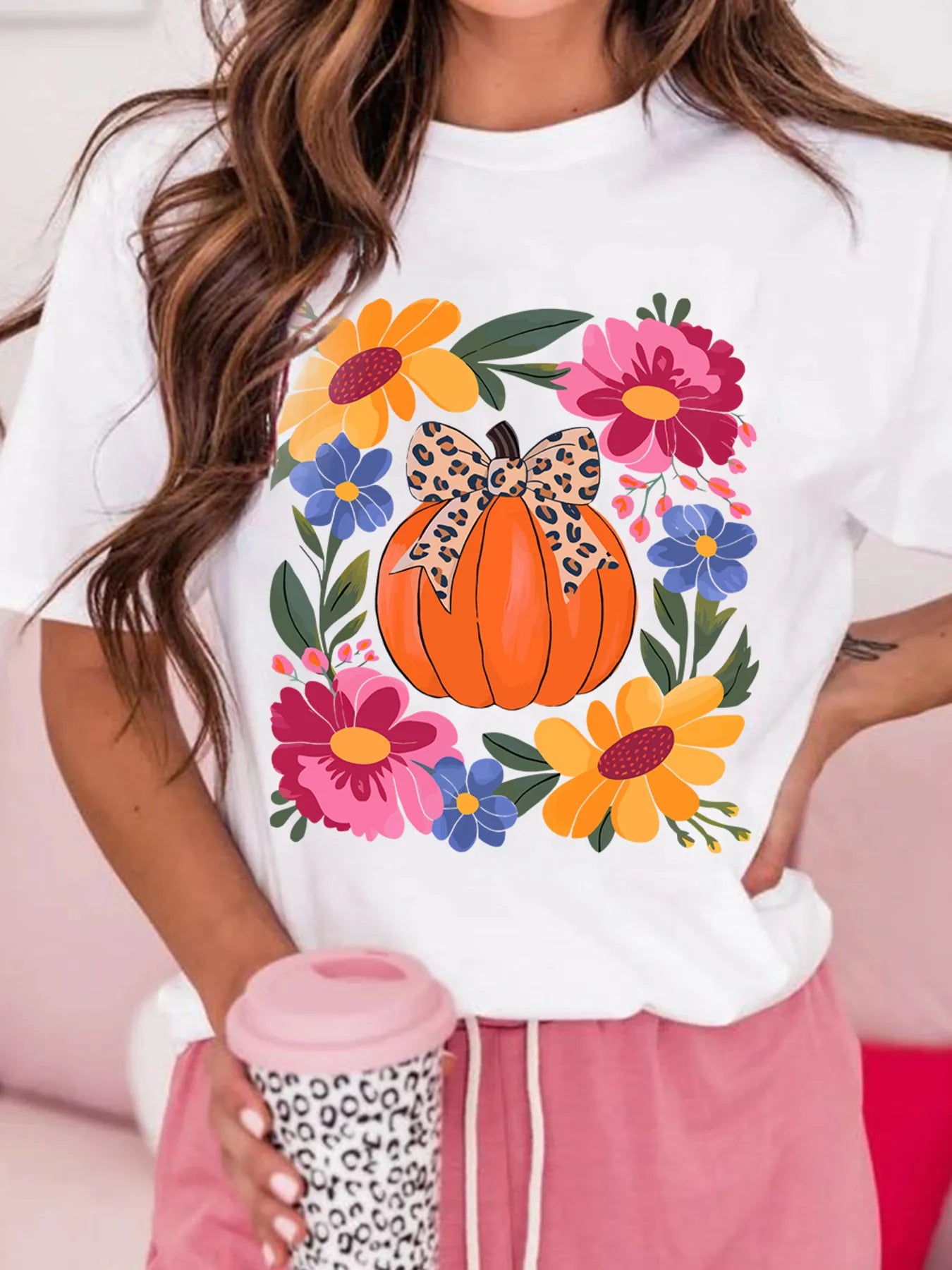 Pumpkin Floral Graphic Round Neck T-Shirt -