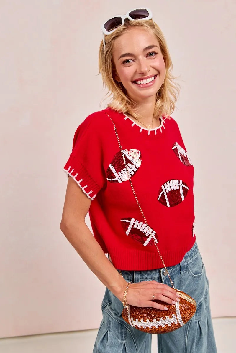 Gameday Sequin Football Embroidered Stitch Sweater -
