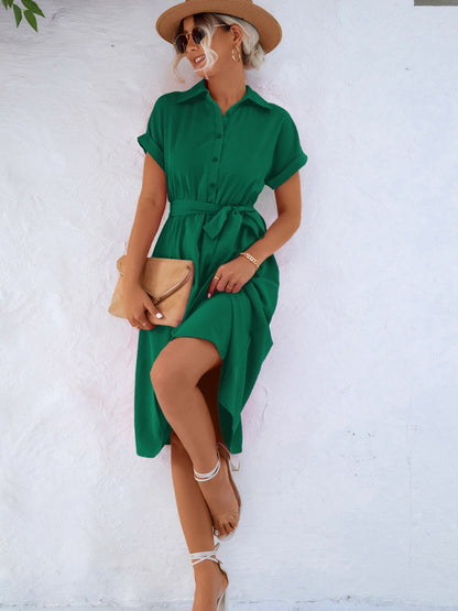 Buttoned Tie Waist Dress - Mid Green