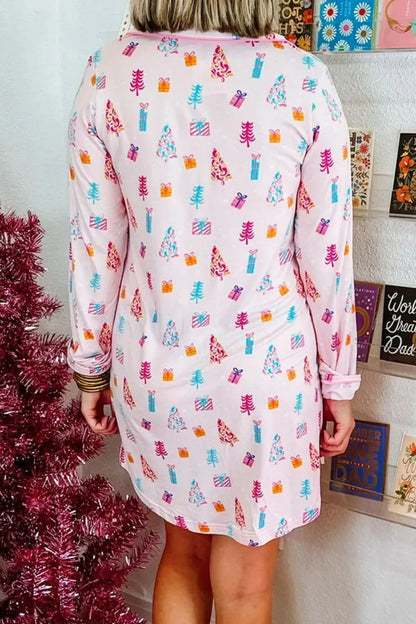 Printed Collared Neck Long Sleeve Lounge Dress -