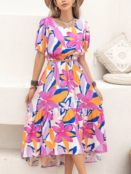 Printed Round Neck Top and Skirt Set - Moonlit Mauve