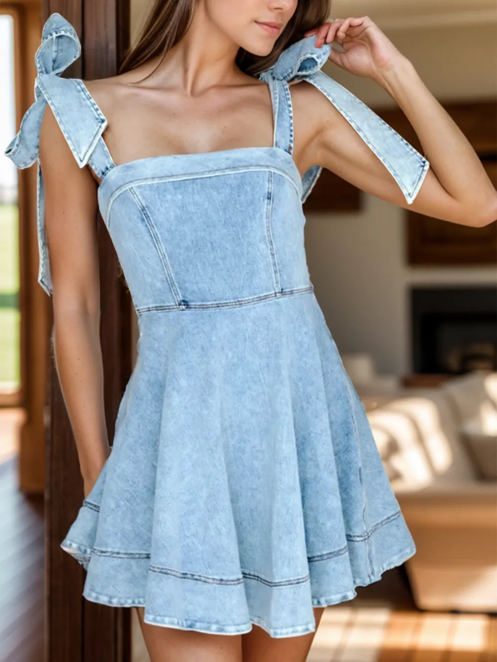 Square Neck Tie Shoulder Denim Dress - Light Blue