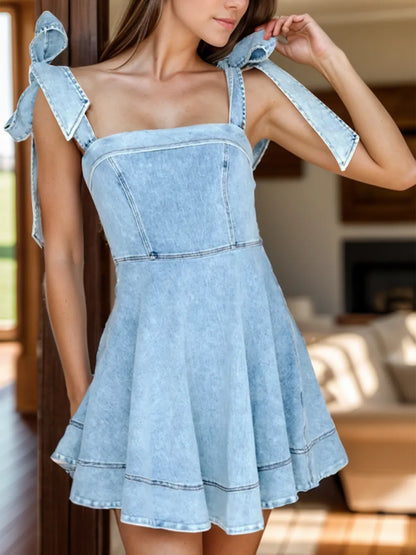 Square Neck Tie Shoulder Denim Dress - Light Blue