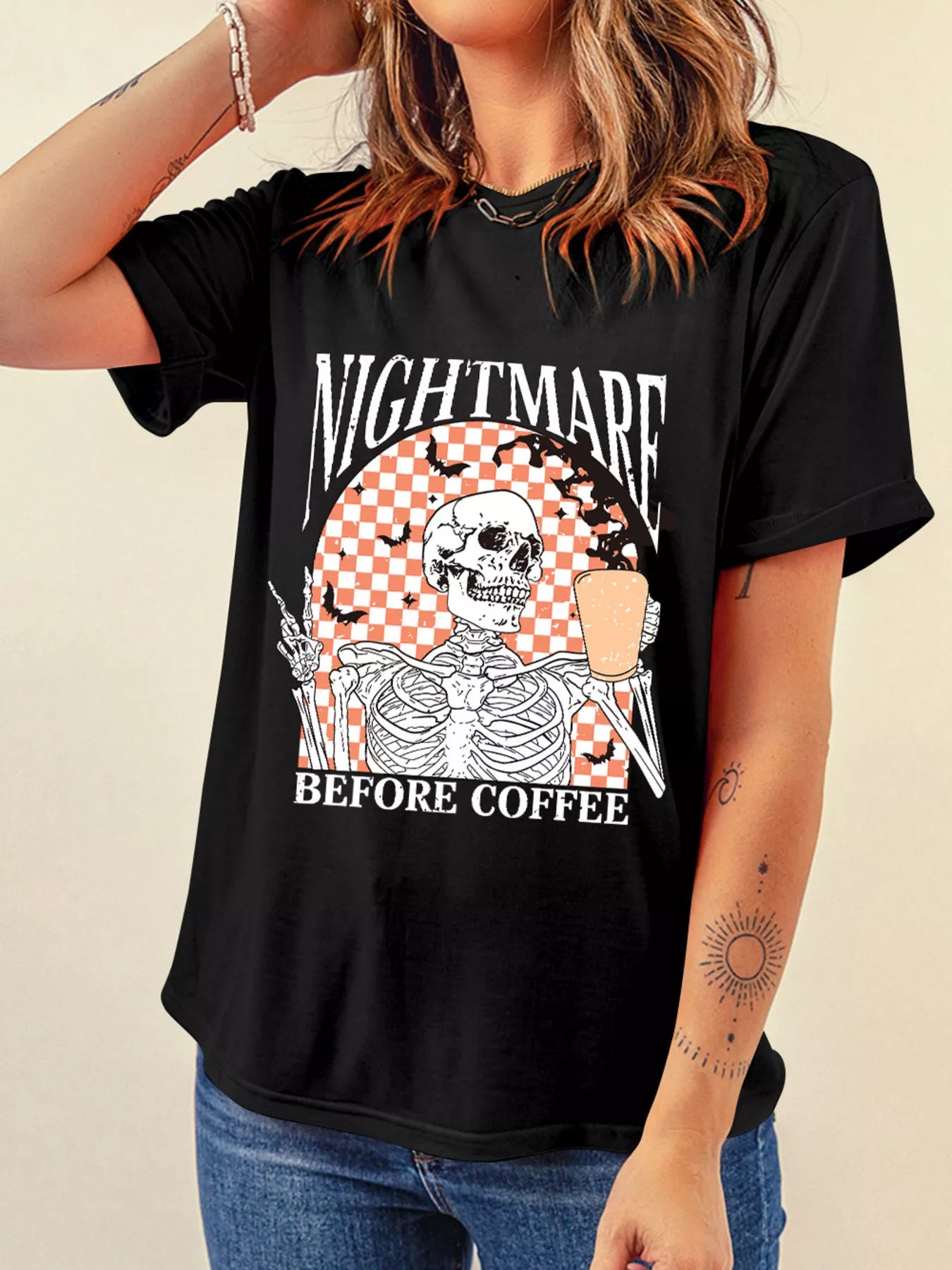 Skull Checkerboard Graphic Round Neck T-Shirt - Black