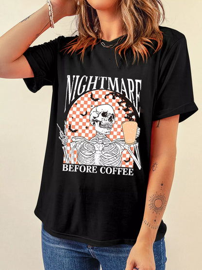 Skull Checkerboard Graphic Round Neck T-Shirt - Black
