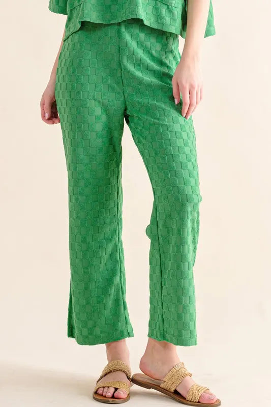 Brushed Texture Checkerboard Pattern Casual Pants - Green