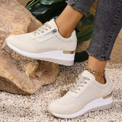 Lace Up Wedge Sneakers - Beige