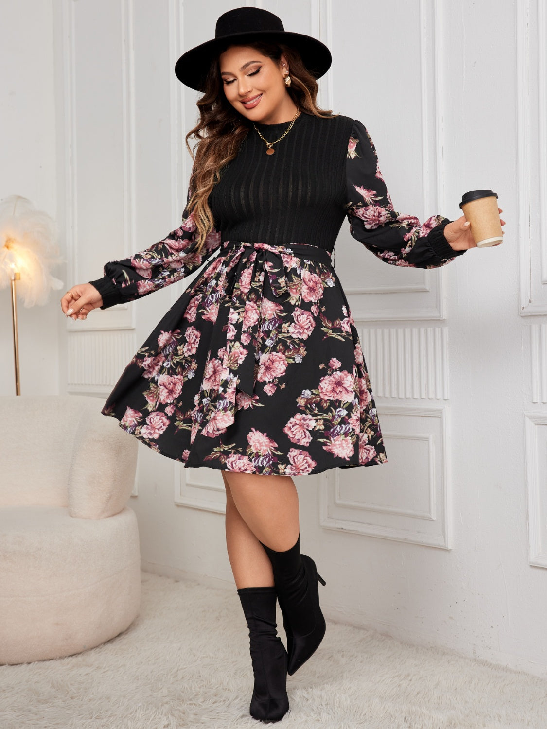 Plus Size Tied Printed Long Sleeve Dress - Black