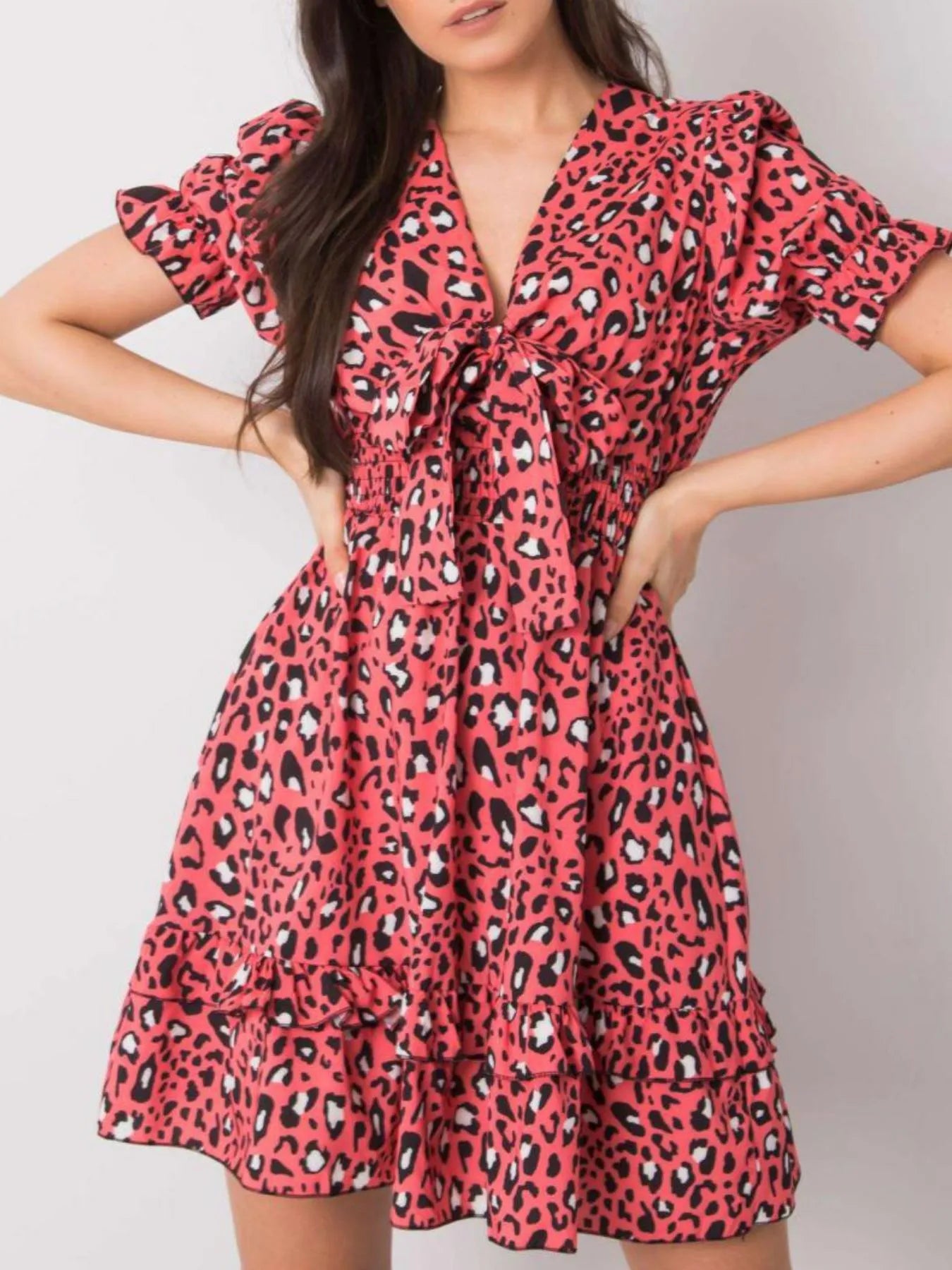Leopard Print Tie Front Short Sleeve Mini Dress -