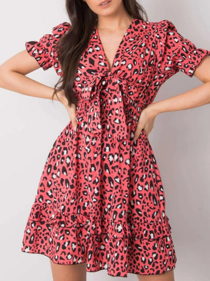 Leopard Print Tie Front Short Sleeve Mini Dress -