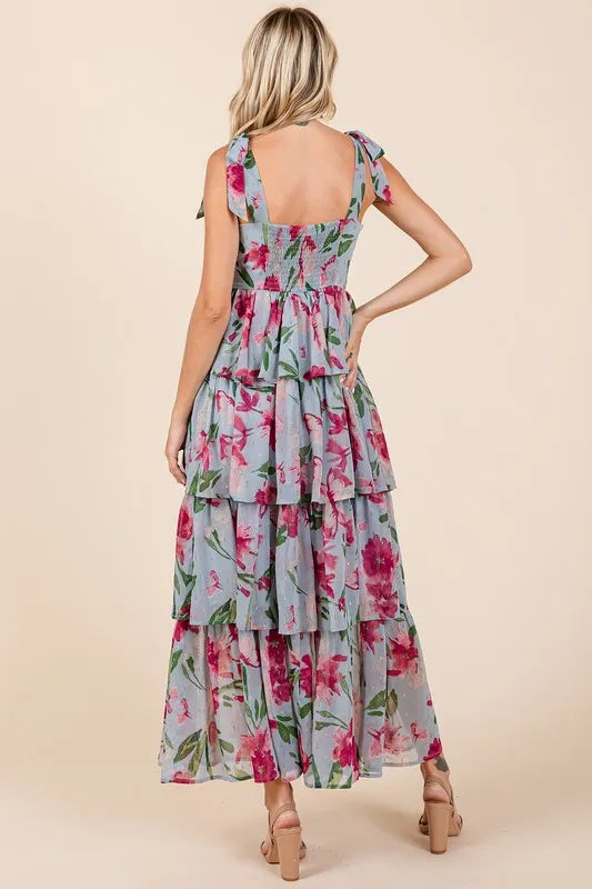 Layered Floral Sweetheart Neck Maxi Dress -