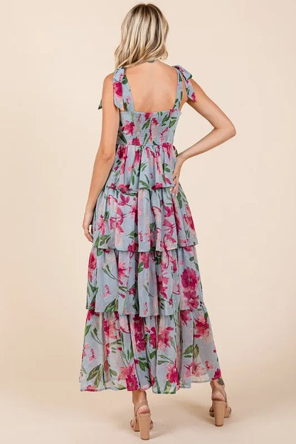 Layered Floral Sweetheart Neck Maxi Dress -