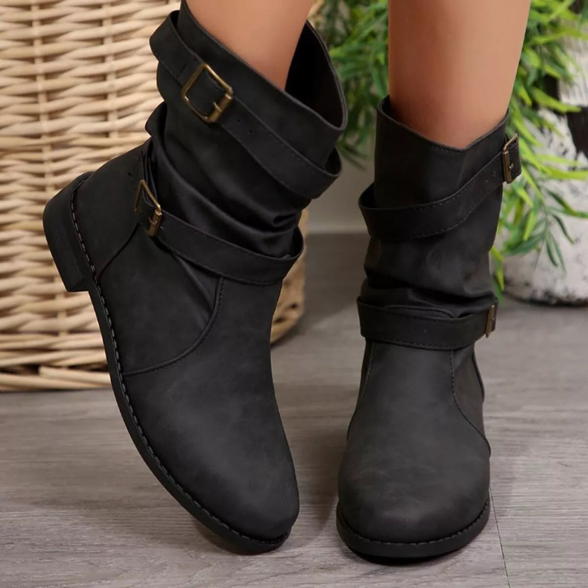 Buckled Low Heel Boots - Black