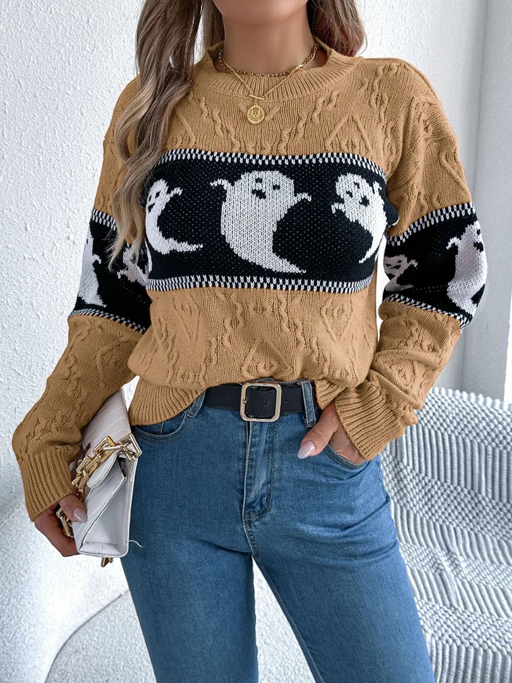 Ghost Round Neck Long Sleeve Sweater - Camel