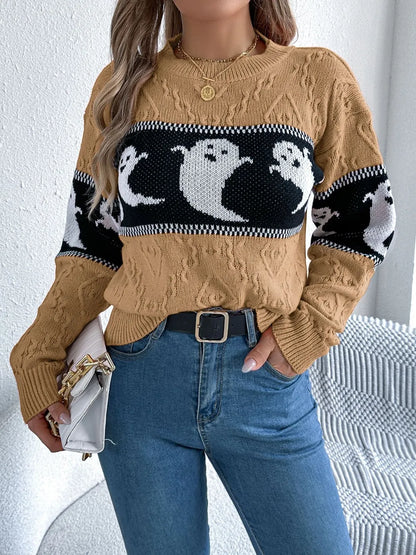 Ghost Round Neck Long Sleeve Sweater - Camel
