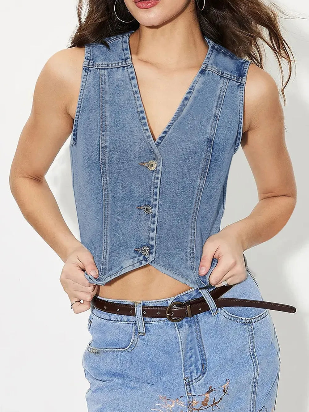 V-Neck Button Up Denim Vest -