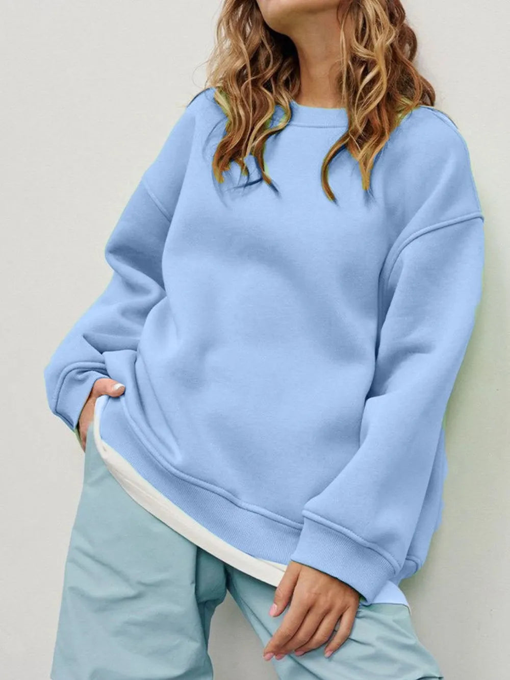 Round Neck Dropped Shoulder Long Sleeve Sweatshirt -