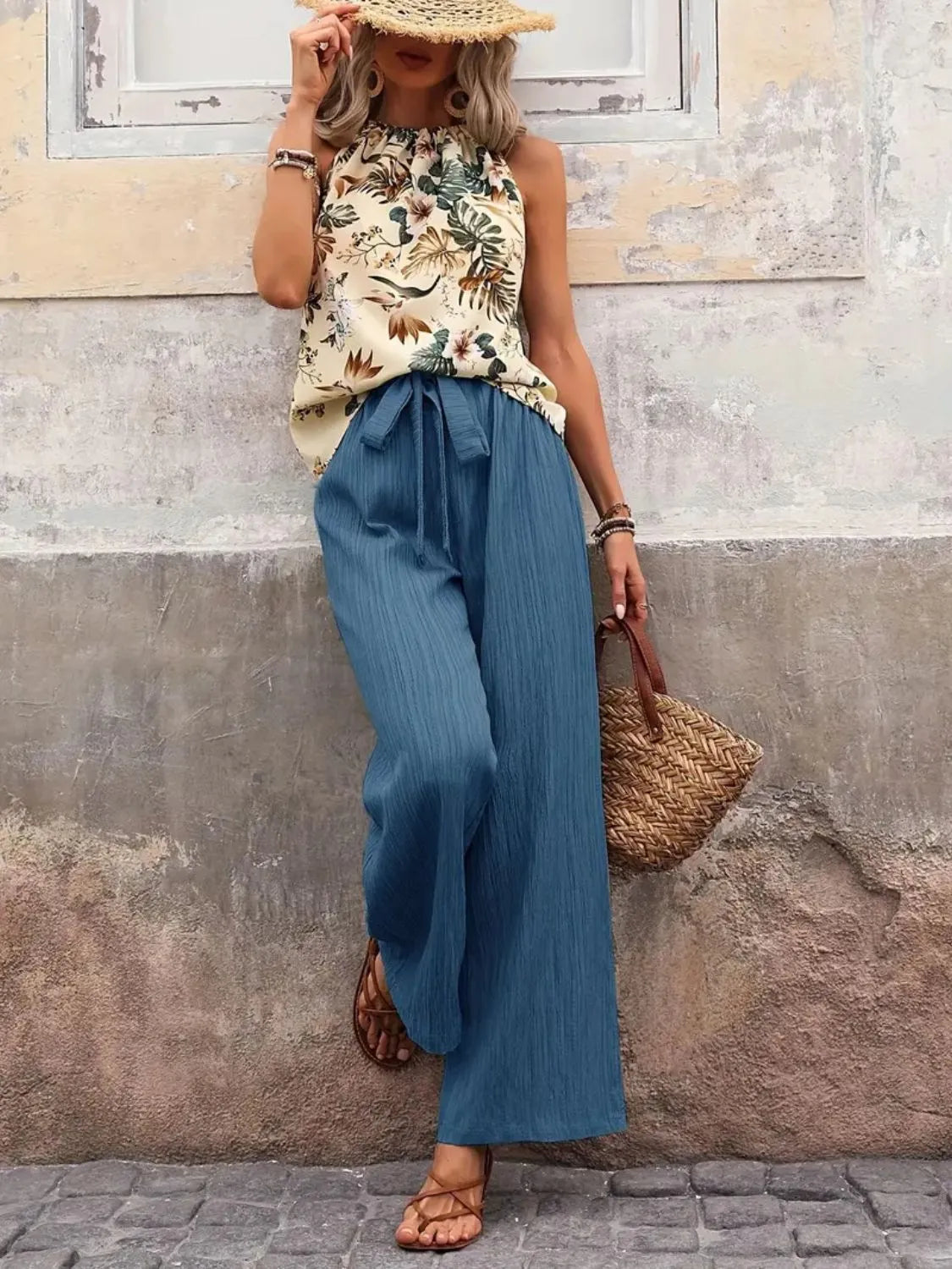 Printed Tank Top and Wide Leg Pants Set -