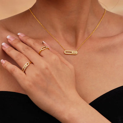 Moving Crystal Bar Necklace and Ring Jewelry Set -