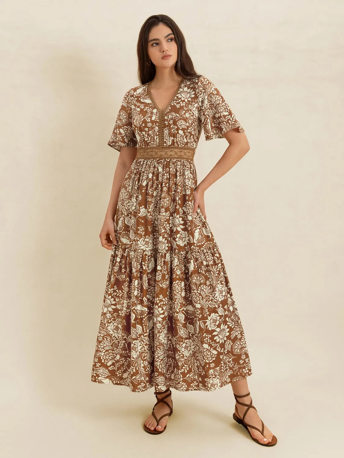 Lace Detail Printed Short Sleeve Midi Dress -
