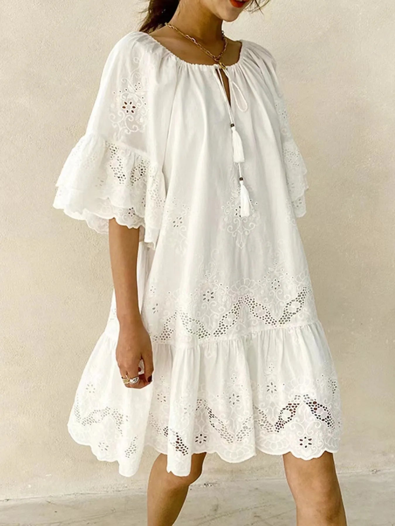 Eyelet Embroidered Tassel Tie Neck Dress -