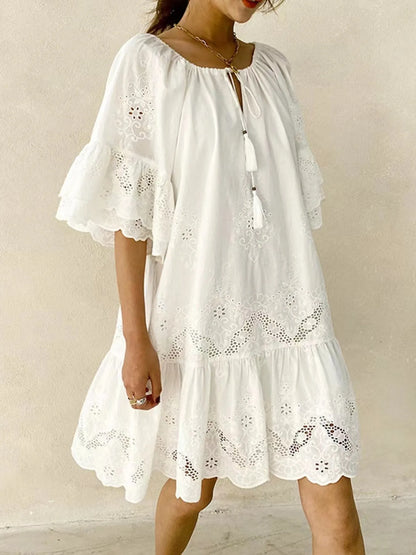 Eyelet Embroidered Tassel Tie Neck Dress -