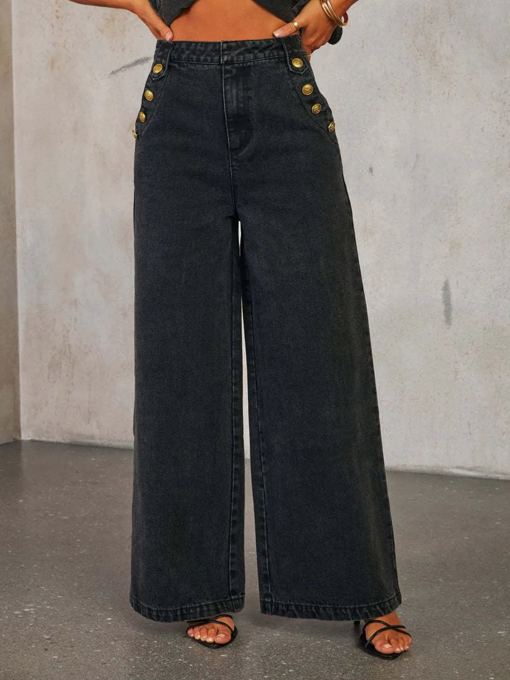 Button Decor High Rise Wide Leg Jeans -