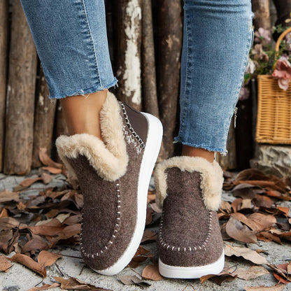 Cozy Fur-Trimmed Slip-Ons - Reddish Brown