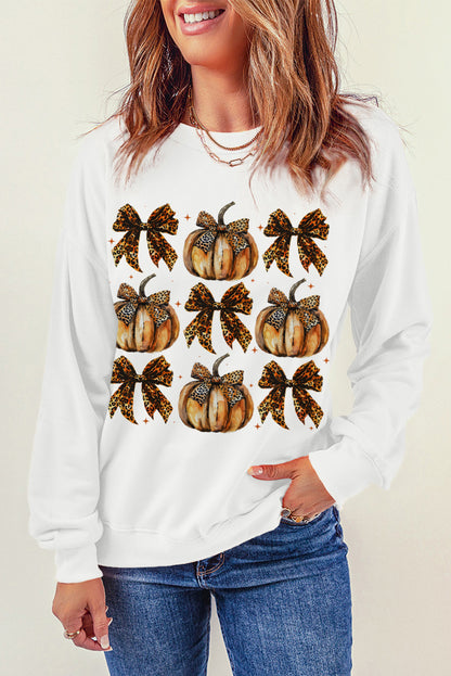 Pumpkin and Bow Graphic Long Sleeve Sweatshirt - White