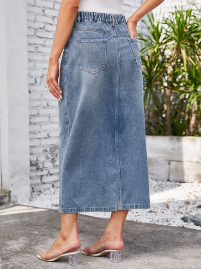 Slit Midi Denim Skirt with Pockets - Light Blue