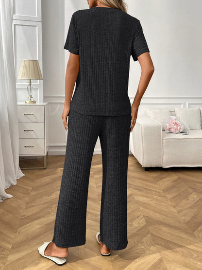 Ribbed Knit Short Sleeve Top and Pants Lounge Set -