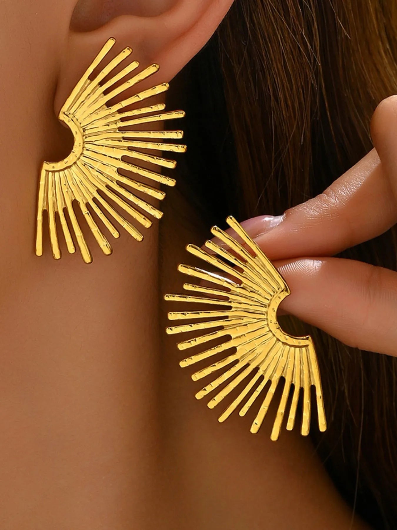 Stainless Steel Sunburst Earrings - Gold One Size
