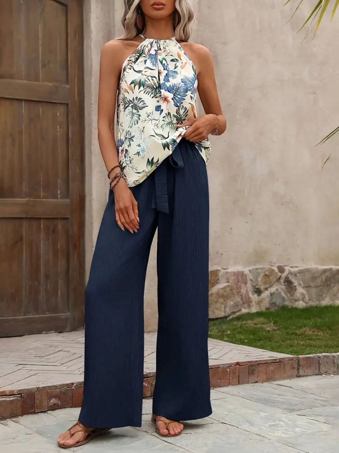 Printed Tank Top and Wide Leg Pants Set -