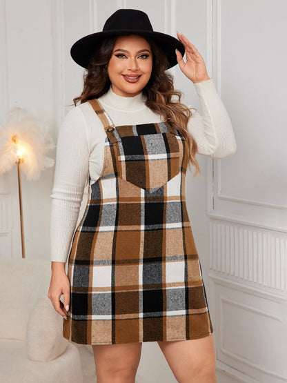 Plus Size Plaid Wide Strap Overall Dress - Caramel