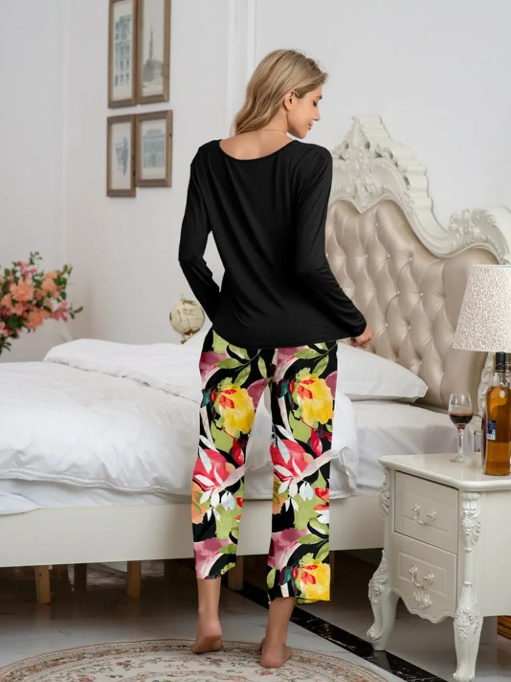 Round Neck Top and Printed Pants Lounge Set -