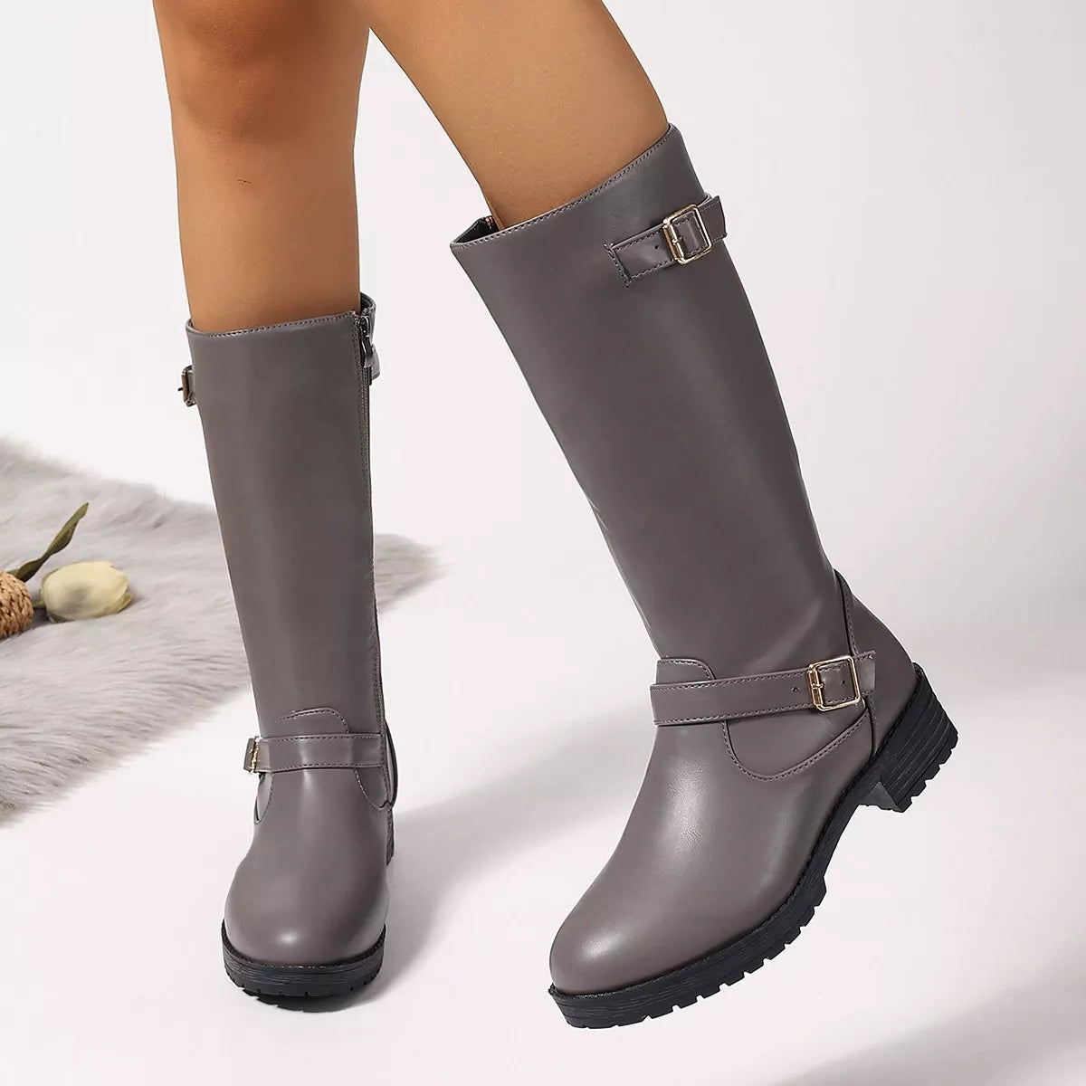 Round Toe Block Heels Boots -