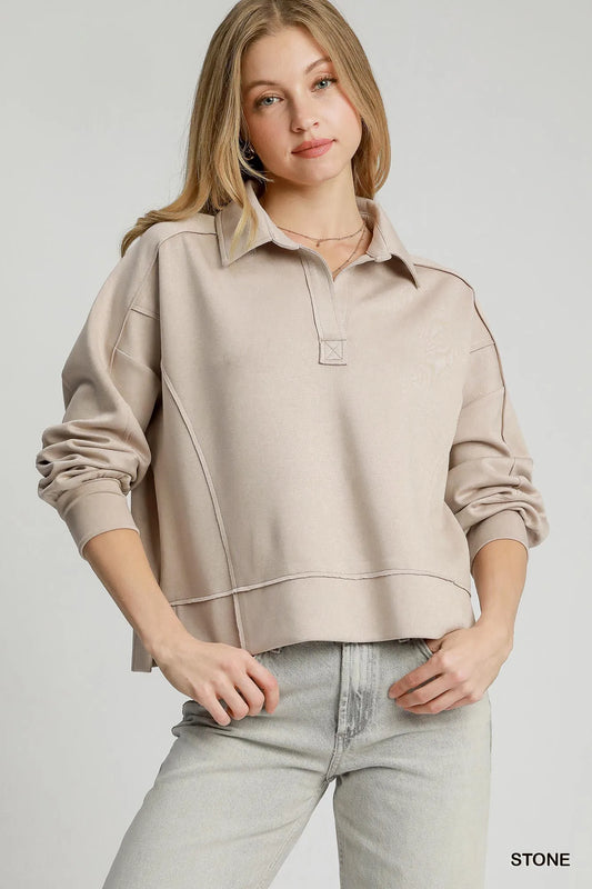Exposed Seam Long Sleeve Polo Top with Side Slit - Stone