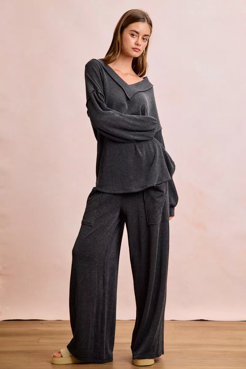 Two Tone Cord Rib V-Neck Top and Pants Set -
