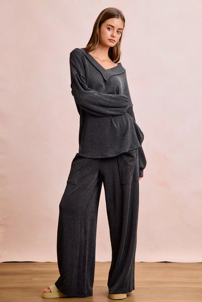 Two Tone Cord Rib V-Neck Top and Pants Set -