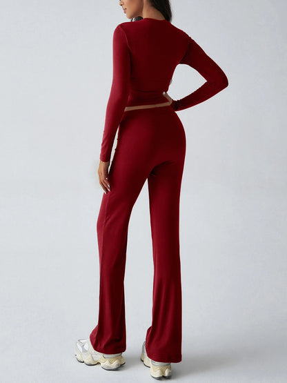 Round Neck Long Sleeve Top and Pants Set - Burgundy