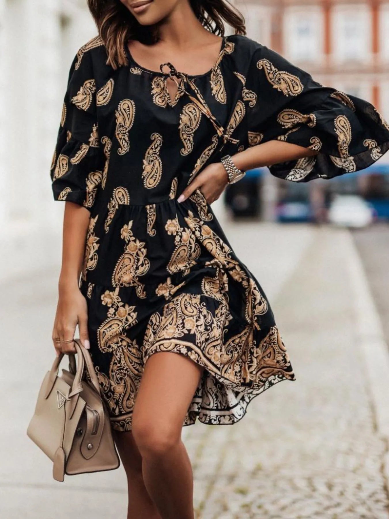 Paisley Print Tie Neck Half Sleeve Mini Dress - Black