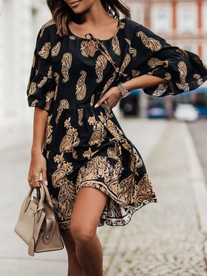 Paisley Print Tie Neck Half Sleeve Mini Dress - Black