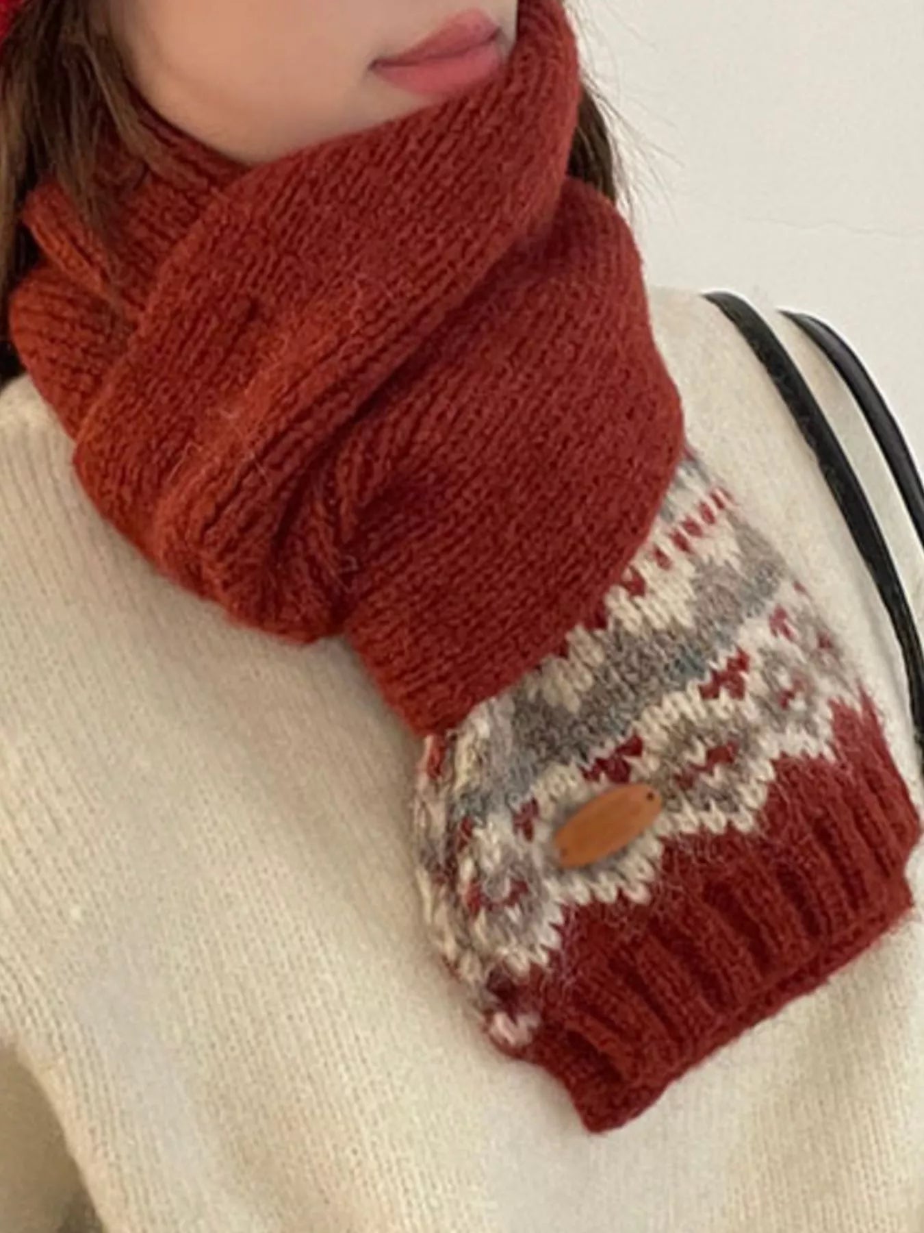Nordic Pattern Knitted Winter Scarf - Red One Size